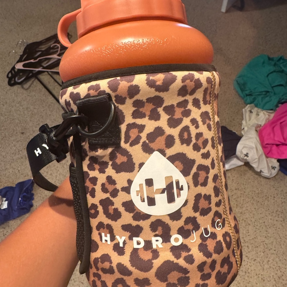 HydroJug with Cheetah Print Sleeve and Orange Lid